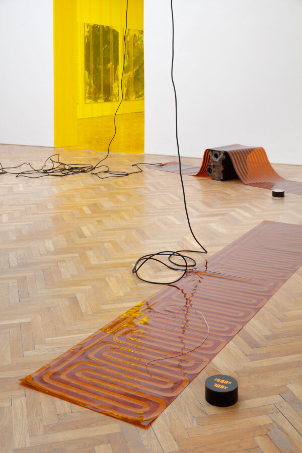 Sam Lewitt, Weak Local Lineament (MHTL), copper-clad plastic flexible heating circuits, Volkswagen TDI 1.9 engine block, 2016